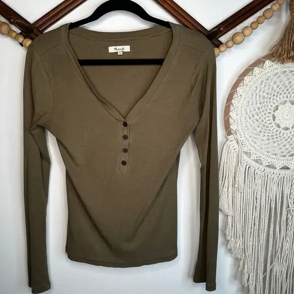 Madewell Olive Green Ribbed V Neck Long Sleeve Henley Top - Picture 1 of 3